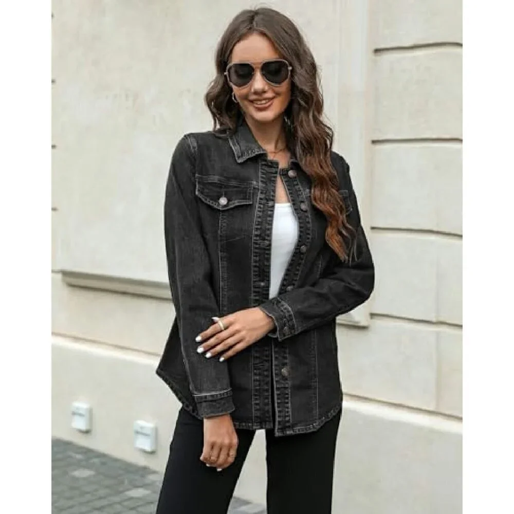 Oversized Denim Shacket with Pockets Western Style Button Up Jacket
